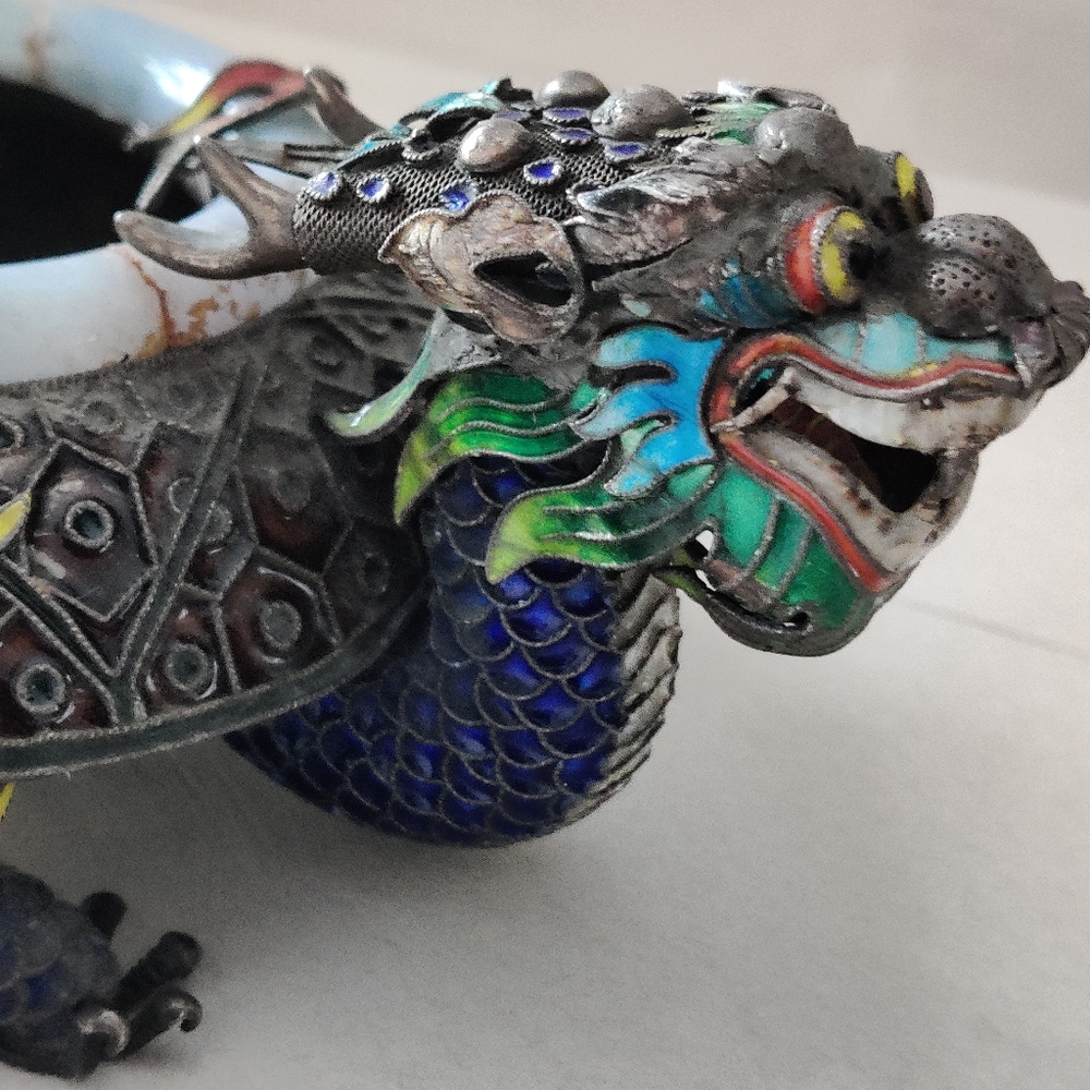 Chinese Export Dragon Ashtray Sterling Silver Enamel Jade Rim 332gr